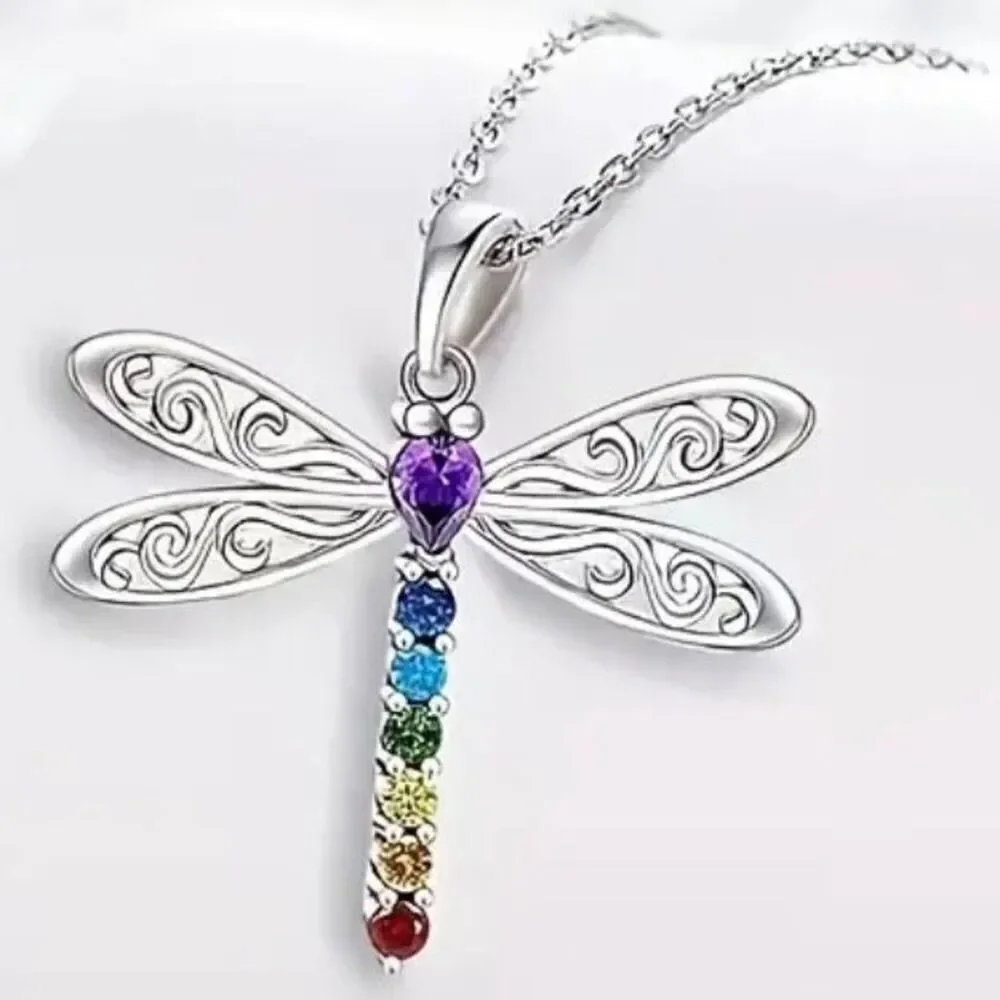 NWT Gorgeous Silver Dragonfly Long 17.7” Chain Necklace w/ Colorful Rhinestones - Picture 7 of 7